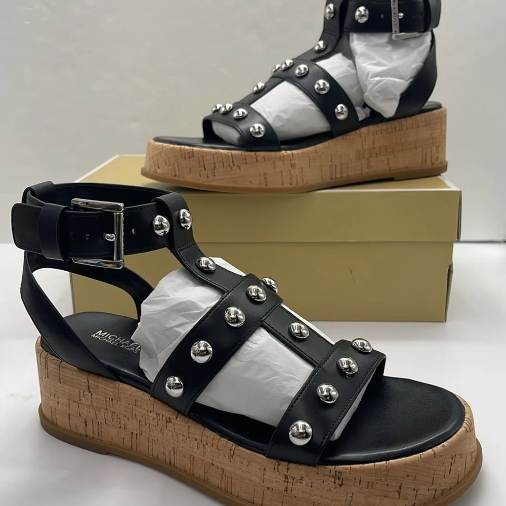 MICHAEL KORS Selah Studded Platform Gladiator Silver Studded Sandal Black  New